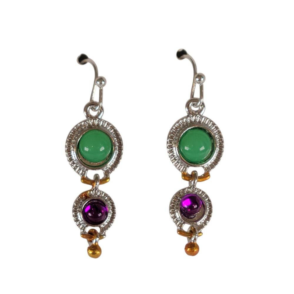 Silver Tone Dangle Earrings Green Purple Cabochon Beads Drop Jewelry Boho Chic